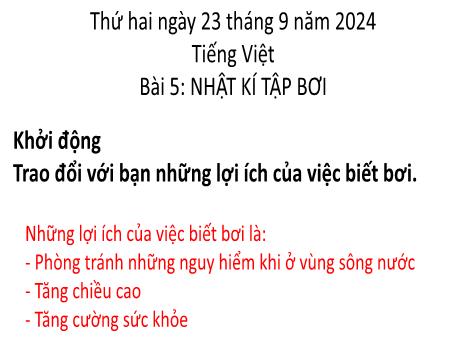 Bài giảng Tiếng Việt Lớp 3 - Bài 5: Nhật kí tập bơi