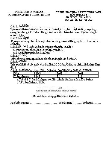 Đề thi HSG môn Địa lí 8 - Lần 2 - Năm học 2022=2023 - Trường TH&THCS Hồng Phương (Có đáp án)