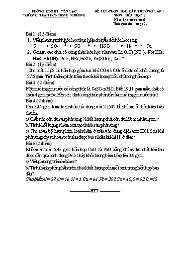Đề thi HSG môn Hóa học 8 - Lần 1 - Năm học 2022-2023 - Trường TH&THCS Hồng Phương (Có đáp án)