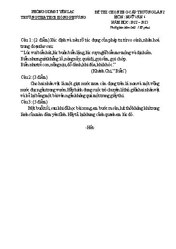 Đề thi HSG môn Ngữ Văn 6 - Lần 2 - Năm học 2022-2023 - Trường TH&THCS Hồng Phương (Có đáp án)