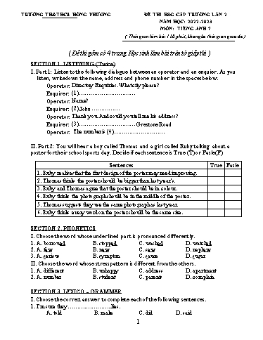 Đề thi HSG môn Tiếng Anh 7 - Lần 2 - Năm học 2022-2023 - Trường TH&THCS Hồng Phương (Có đáp án)