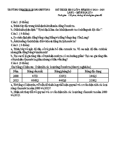 Đề thi Khảo sát HSG môn Địa lí 9 - Lần 1 - Năm học 2024-2025 - Trường TH&THCS Hồng Phương (Có đáp án)