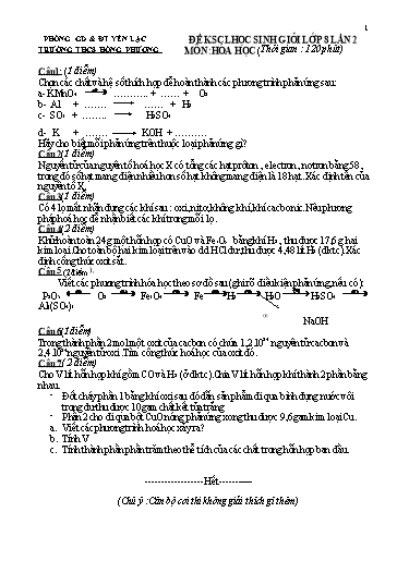 Đề thi khảo sát HSG môn Hóa học 8 - Lần 2 - Trường THCS Hồng Phương (Có đáp án)