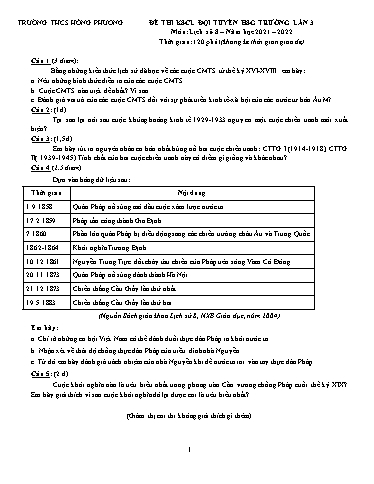Đề thi Khảo sát HSG môn Lịch sử 8 - Lần 3 - Năm học 2021-2022 - Trường THCS Hồng Phương (Có đáp án)