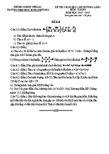 Đề thi khảo sát HSG môn Toán 8 - Lần 3 - Trường TH&THCS Hồng Phương (Có đáp án)