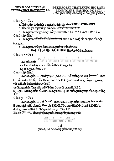 Đề thi khảo sát HSG Toán 8 - Lần 2 - Năm học 2021-2022 - Trường THCS Hồng Phương (Có đáp án)