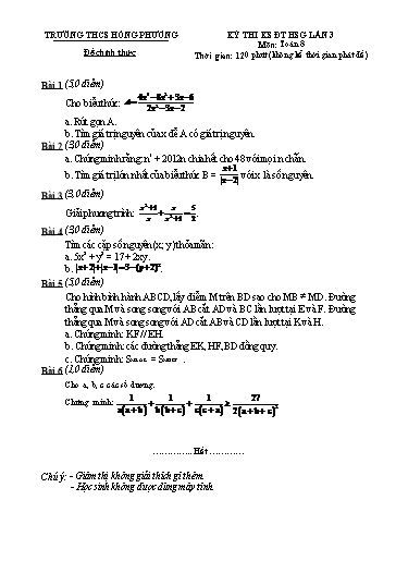 Đề thi khảo sát HSG Toán 8 - Lần 3 - Năm học 2021-2022 - Trường THCS Hồng Phương (Có đáp án)