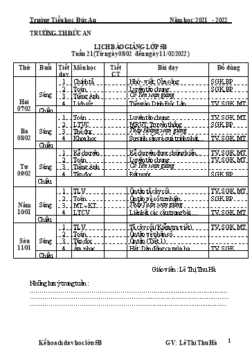Giáo án các môn Khối 5 - Tuần 19 - Năm học 2021-2022 - Lê Thị Thu Hà