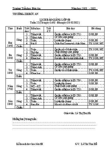Giáo án các môn Khối 5 - Tuần 22 - Năm học 2021-2022 - Lê Thị Thu Hà