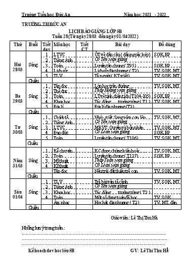 Giáo án các môn Khối 5 - Tuần 28 - Năm học 2021-2022 - Lê Thị Thu Hà