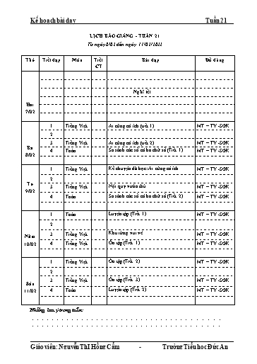 Giáo án các môn Khối Lớp 2 - Tuần 21 - Năm học 2021-2022 - Trường Tiểu học Dư Can