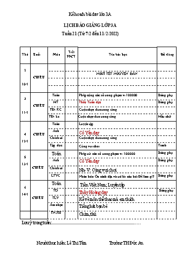Giáo án các môn Lớp 3 - Tuần 21 - Năm học 2021-2022 - Trường Tiểu học Dư Can