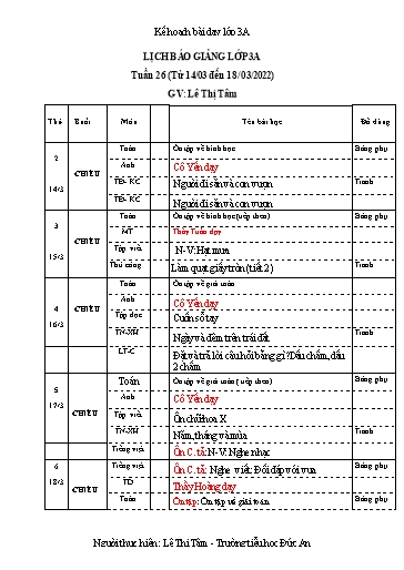 Giáo án các môn Lớp 3 - Tuần 26 - Năm học 2021-2022 - Lê Thị Tâm
