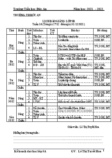 Giáo án các môn Lớp 5 - Tuần 16 - Năm học 2021-2022 - Lê Thị Tuyết Hoa