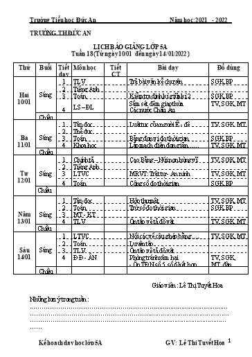 Giáo án các môn Lớp 5 - Tuần 18 - Năm học 2021-2022 - Lê Thị Tuyết Hoa