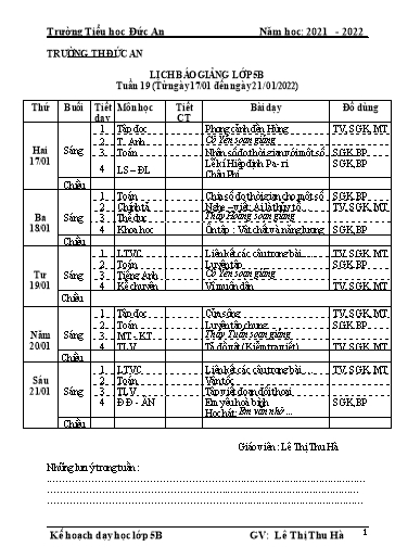Giáo án các môn Lớp 5 - Tuần 19 - Năm học 2021-2022 - Lê Thị Thu Hà