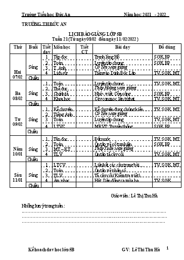 Giáo án các môn Lớp 5 - Tuần 21 - Năm học 2021-2022 - Lê Thị Thu Hà