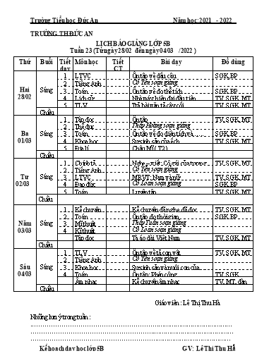 Giáo án các môn Lớp 5 - Tuần 24 - Năm học 2021-2022 - Lê Thị Thu Hà