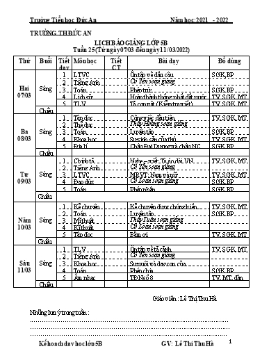Giáo án các môn Lớp 5 - Tuần 25 - Năm học 2021-2022 - Lê Thị Thu Hà
