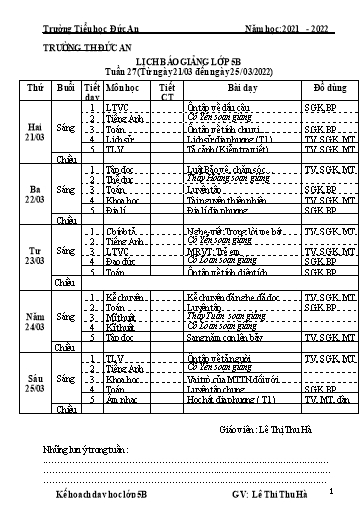 Giáo án các môn Lớp 5 - Tuần 27 - Năm học 2021-2022 - Lê Thị Thu Hà
