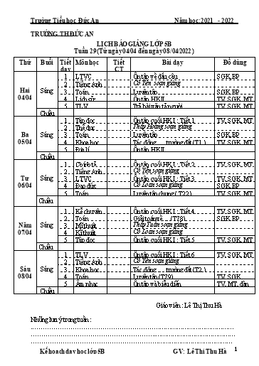 Giáo án các môn Lớp 5 - Tuần 29 - Năm học 2021-2022 - Lê Thị Thu Hà