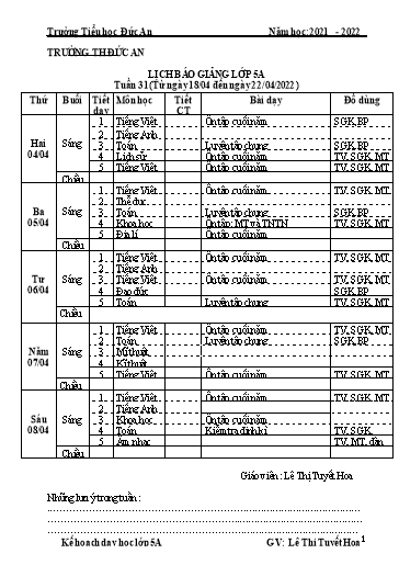 Giáo án các môn Lớp 5 - Tuần 31 - Năm học 2021-2022 - Lê Thị Tuyết Hoa
