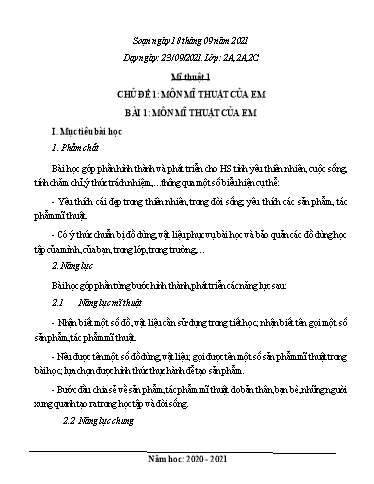 Giáo án Mĩ thuật Khối Tiểu học - Tuần 1 - Năm học 2020-2021 - Lê Thị Bình